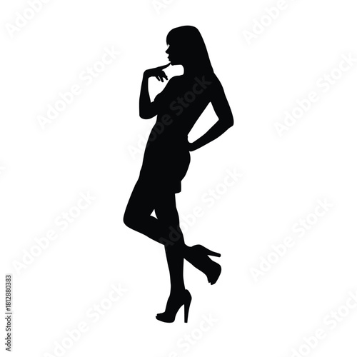 Silhouette illustration of a beautiful woman in a dress and high heels, standing in a sophisticated, pensive pose with a finger on her chin. Ideal for themes of fashion, thinking, or glamour.