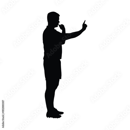 Silhouette of a sports referee in uniform and cleats, blowing a whistle and using his finger to point a direction or issue a command. The image signifies fair play, enforcement, and decision-making.