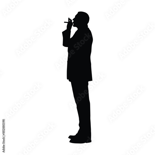 Silhouette illustration of a man in a suit smoking a cigar, viewed from the side profile. Conveys themes of business, boss, power, wealth, mafia, classic style, luxury, or bad habits.
