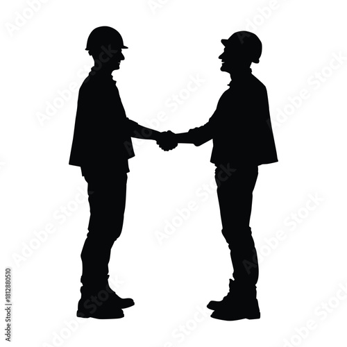 Silhouette illustration of two men wearing hard hats and safety gear, shaking hands to seal a deal or agreement. Ideal for themes of construction, teamwork, business, agreement, or partnership