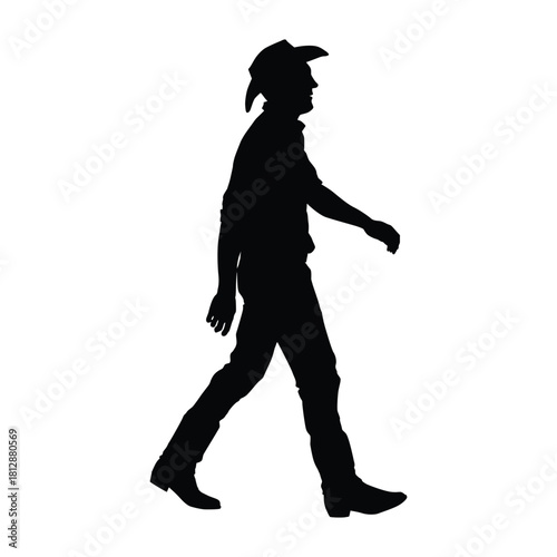 Silhouette illustration of a man walking while wearing a classic cowboy hat and boots. Ideal for themes of the wild west, ranching, western, country music, adventure, or traditional style.