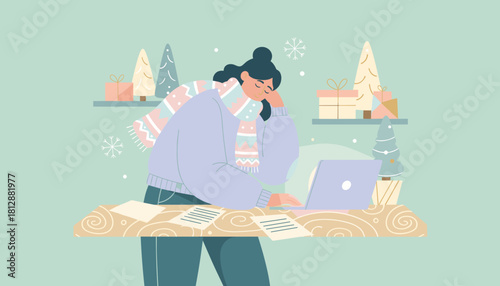 Cozy woman works on laptop during winter holidays surrounded by Christmas decorations