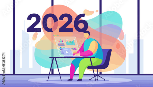 Future business planning for 2026 Man uses holographic computer to analyze data in a modern office