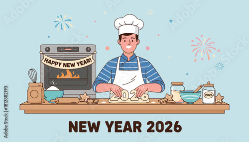 Chef baking 2026 cookies for New Year celebration Festive cooking illustration with fireworks