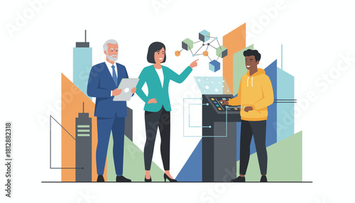 Diverse business team managing complex data network and urban technology systems