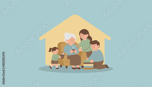 Happy multigenerational family caring for grandma at home Love and connection illustration