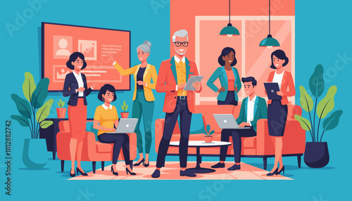 Diverse business team collaborating in a modern office meeting discussing data and strategy