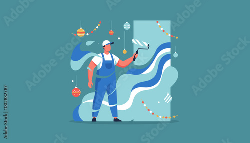 Decorator painting wall with roller amidst holiday ornaments Renovation and festive preparation concept