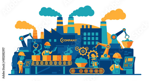Factory production line illustration showing workers robots and automation technology