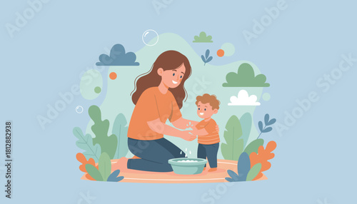 Happy mom teaching her little son hygiene outdoors Loving family washing hands illustration