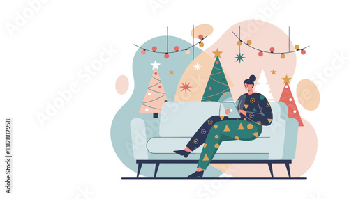 Cozy remote work during holidays Woman uses laptop on sofa surrounded by Christmas decor