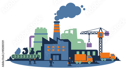 Illustration of industrial factory complex with production shipping crane workers and pollution