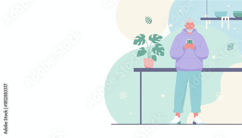 Relaxed senior man uses smartphone at home Flat vector illustration for technology and lifestyle
