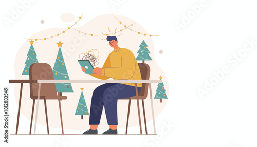 Frustrated man stressed by technology or holiday issues while using a tablet near Christmas trees