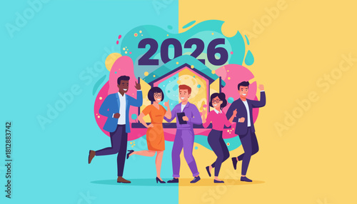 Diverse business team celebrating 2026 goals and success New year planning illustration