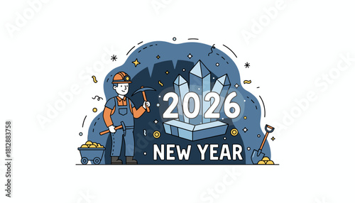 Miner with pickaxe unearthing 2026 crystals New Year success and future wealth concept