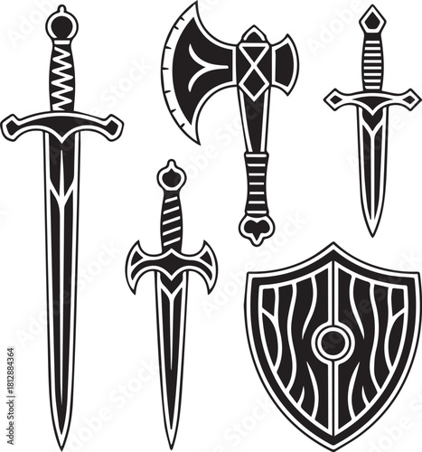 Gothic Broadsword and Dagger Clip Art: Fantasy Knight Blade Set for Gaming Icons, Heraldry, and Vintage Weapon T-Shirt Prints PNG