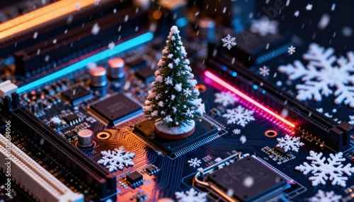 Miniature Christmas tree on a computer motherboard with glowing lights and falling snowflakes, symbolizing holiday technology.