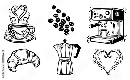 Enjoy hand drawn coffee set with love, croissant and coffee beans for Valentine's Day