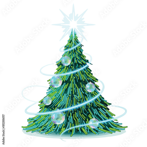 Illustration of a green Christmas tree with blue and green tinsel, ornaments, and a star on top against a white background.