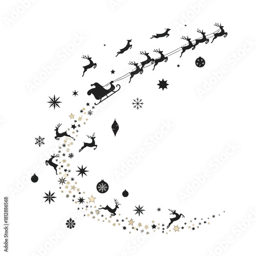 Black silhouette of Santa Claus's sleigh and reindeer flying through the air with snowflakes and stars on a white background.