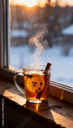 Steaming glass of spiced tea with orange slice, cinnamon stick, and cloves on a windowsill at sunset in winter