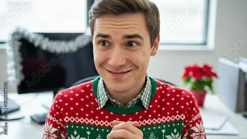 Surprised Young Caucasian Man in Festive Christmas Sweater with Wide Eyes and Open Mouth Expressing Shock in an Office Setting