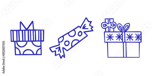 Hand drawn doodle Christmas gift and candy set in festive outline style. Vector isolated illustration. 