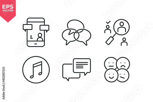 Set of line icons related to mobile video chat, user selection, group conversation, music note, instant messaging, feedback.  Editable stroke. Vector illustration