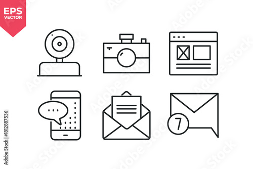 Set of line icons related to webcam, photo camera, broken image, mobile chat, open mail, multiple new message.   Editable stroke. Vector illustration