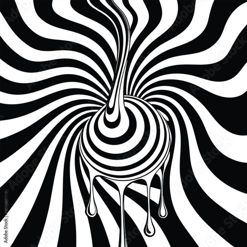 Abstract Melting Sphere with Swirling Black and White Pattern