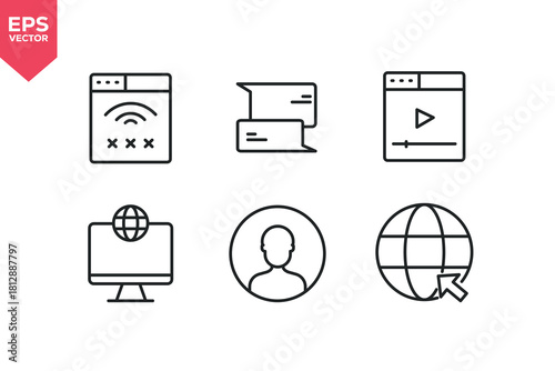 Set of line icons related to WIFI, direct message, online video player, internet access, user profile, web browser.  Editable stroke. Vector illustration