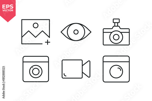 Set of line icons related to add image, eye icon, photo camera, camera app, video camera, camera lens.   Editable stroke. Vector illustration