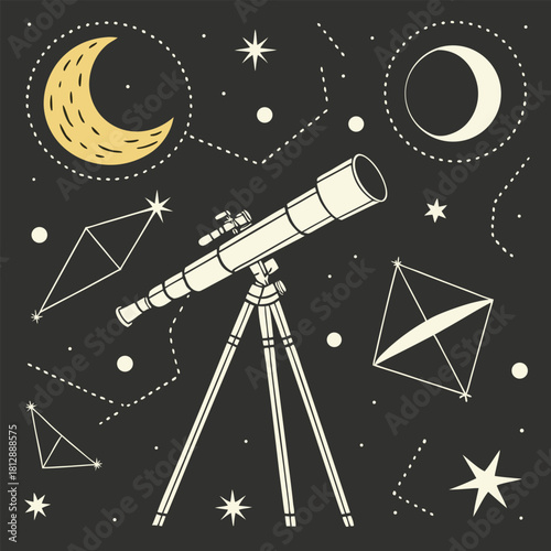 Astronomy Telescope With Celestial Elements dense geometric