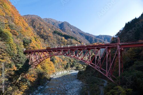 新山彦橋の橋梁を渡るトロッコ電車