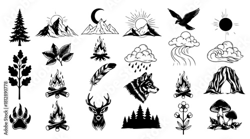 Explore stunning nature elements with mountain peaks, wildlife, and campfire silhouettes