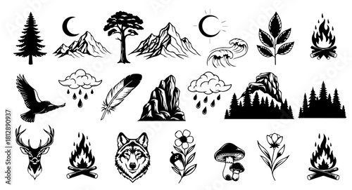 Create stunning nature designs with these detailed black and white camping and outdoor elements