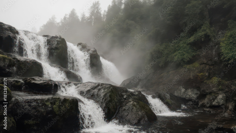 Fototapeta premium A multi-tiered waterfall cascades over dark rocks, surrounded by a foggy forest