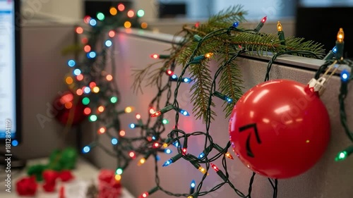Festive Christmas Lights and Red Ornaments Decorating an Office Cubicle for the Holiday Season