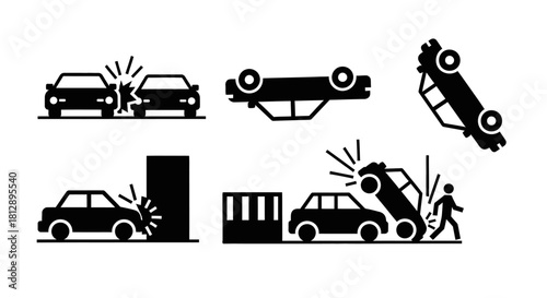 Black and White Car Crash Accident Progression Icons