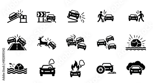 Black and White Car Crash Accident Progression Icons