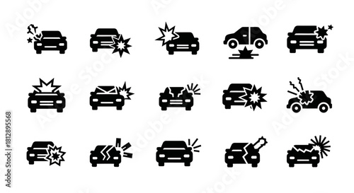 Black and White Car Crash Accident Progression Icons