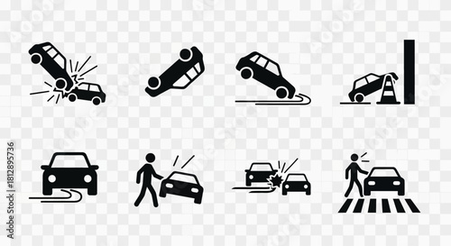 Black and White Car Crash Accident Progression Icons