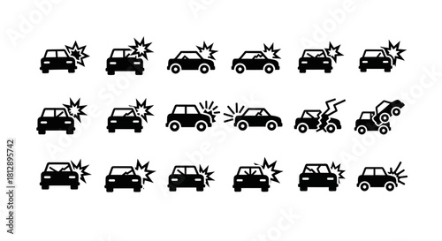Black and White Car Crash Accident Progression Icons