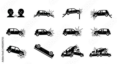 Black and White Car Crash Accident Progression Icons