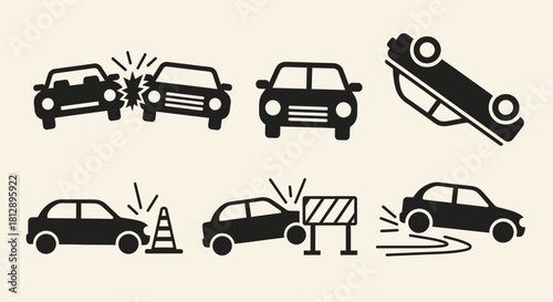 Black and White Car Crash Accident Progression Icons