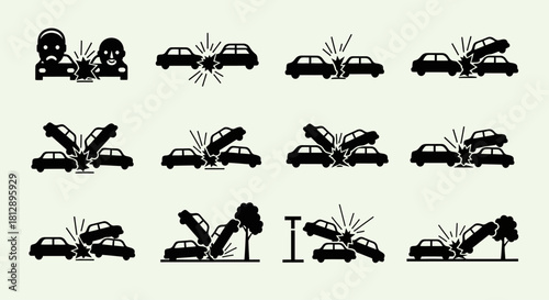 Black and White Car Crash Accident Progression Icons