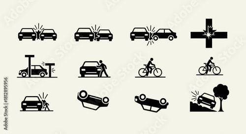 Black and White Car Crash Accident Progression Icons
