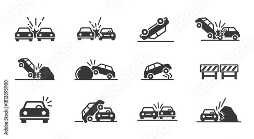 Black and White Car Crash Accident Progression Icons