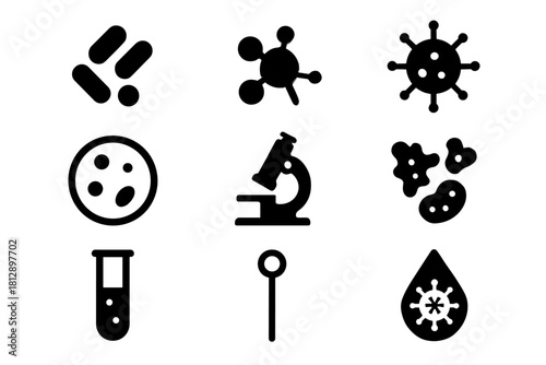 Science and lab icons: microscope, molecule, test tube, virus in flat design